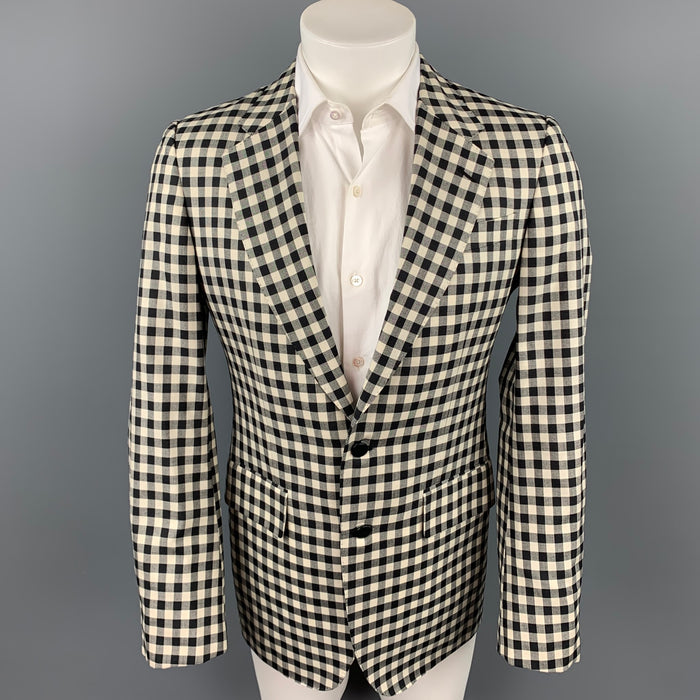 ALEXANDER MCQUEEN Size 38 Black & Cream Checkered Silk / Wool Notch Lapel Sport Coat
