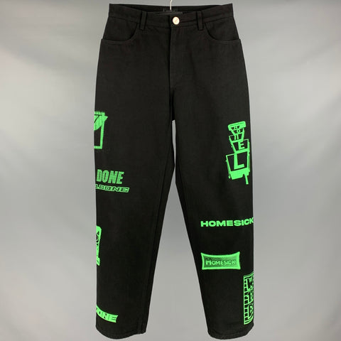 WE 11 DONE Size S Black Green Graphic Cotton Wide Leg Jeans