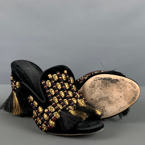SANAYI 313 Zapatos de tacón tipo mulas bordados de terciopelo negro dorado talla 9