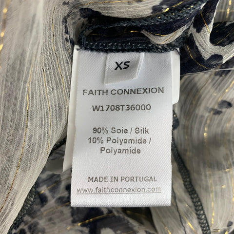 FAITH CONNEXION Size XS Black White Gold Silk Blend Marbled Ruffle Blouse