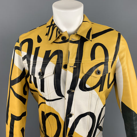 BURBERRY PRORSUM Spring 2015 Size 38 Antique Yellow Book Cover Print Leather Buttoned Jacket