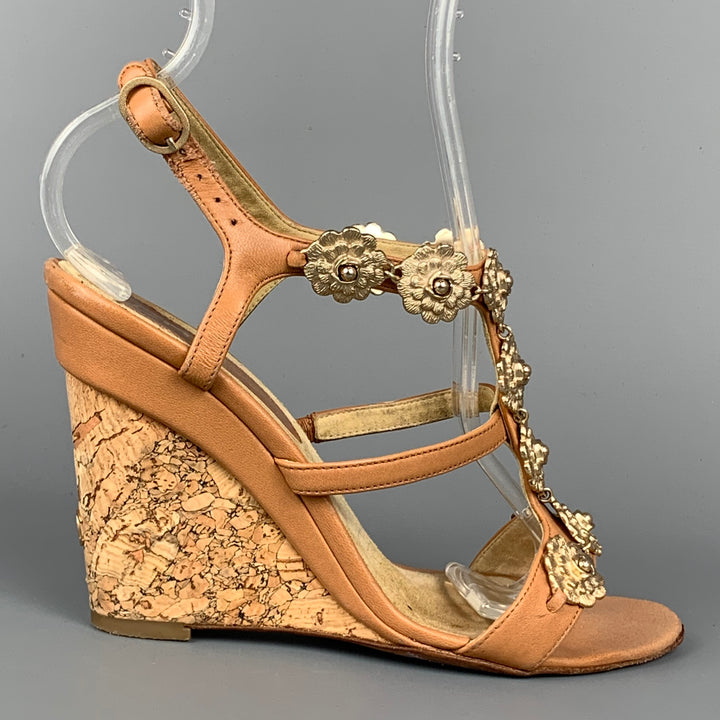 CHANEL Camelia Size 6.5 Tan & Gold Leather T-strap Cork Wedge Sandals