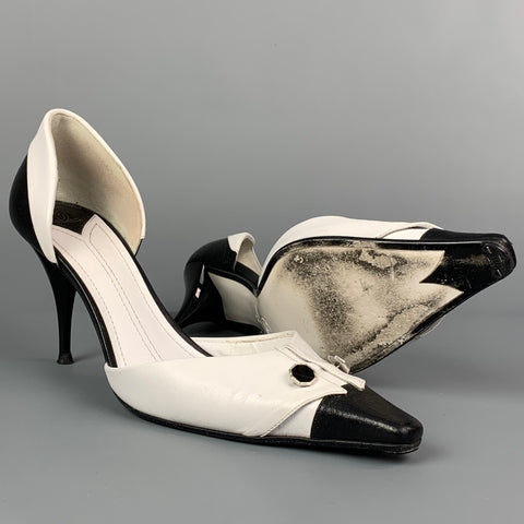 CHANEL Size 10 White & Black Two Tone Leather D'Orsay Pumps