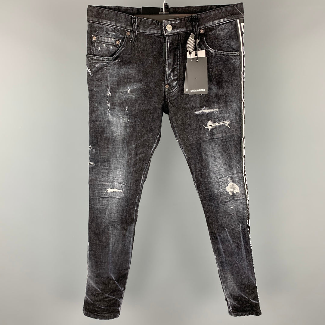 DSQUARED2 Size 32 Black Distressed Denim Button Fly Skater Jeans
