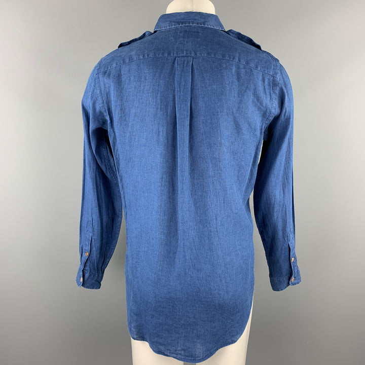 RALPH LAUREN Taille S Chemise à manches longues boutonnée en lin bleu