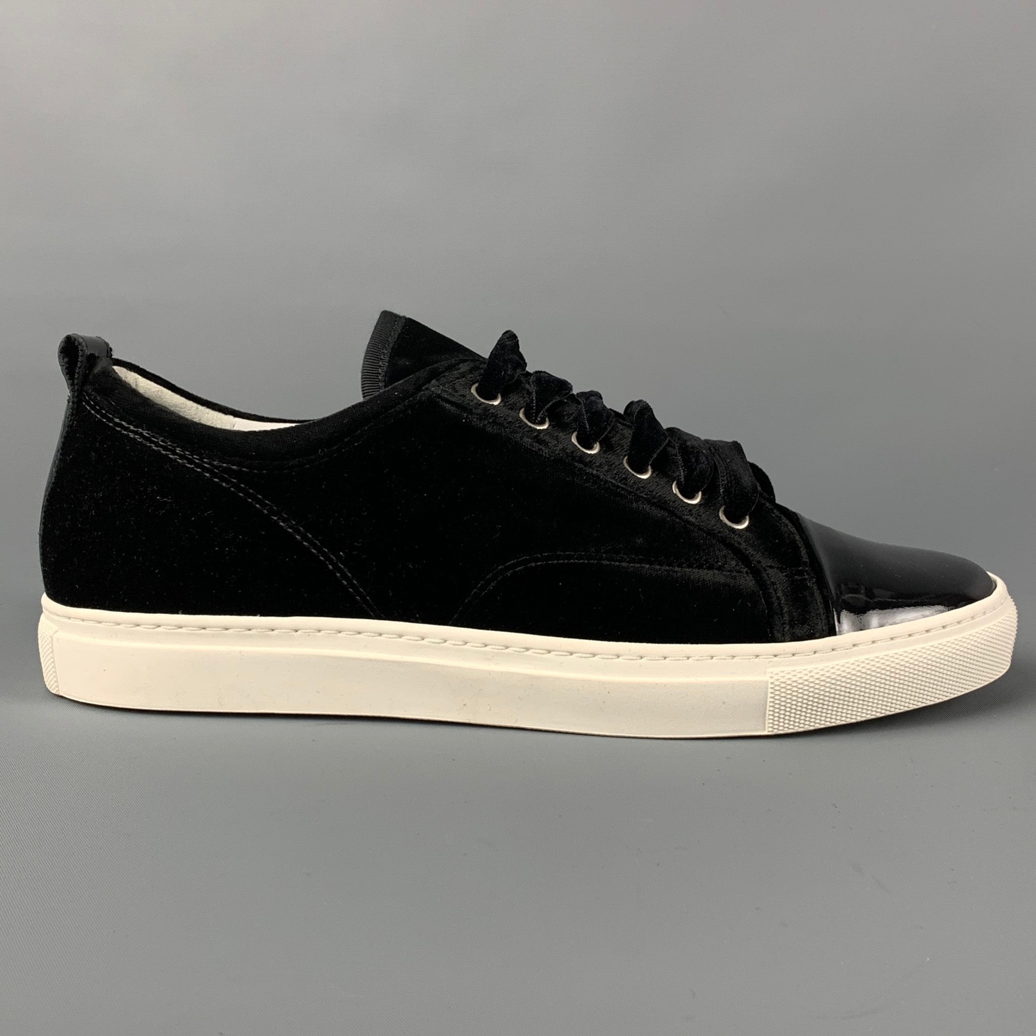 LANVIN Size 8 Black White Mixed Fabrics Velvet Low Top Sneakers