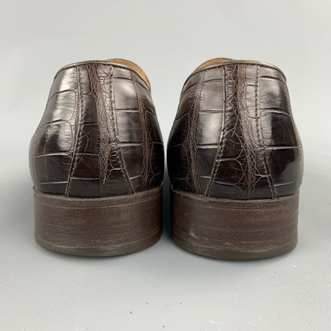 GRAVATI for WILKES BASHFORD Size 8.5 Brown Textured Crocodile Penny Loafers