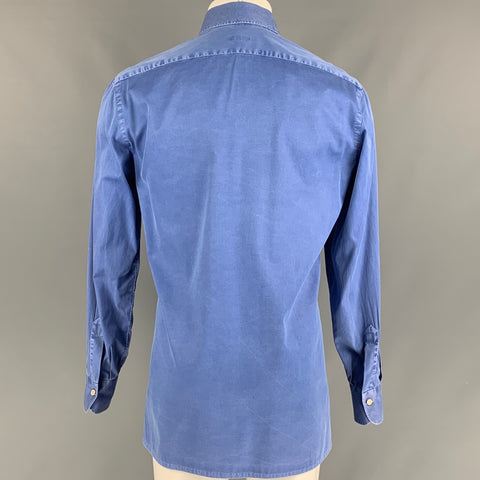 KITON Size M Blue Washed Cotton One pocket Long Sleeve Shirt