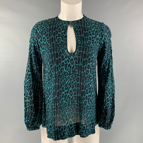 ZIMMERMANN Size 4 Cobalt &  Black Rayon Animal Print Long Sleeve Blouse