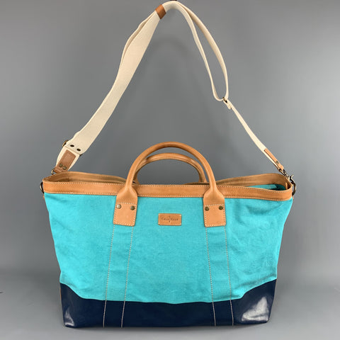 COLE HAAN Aqua & Navy Canvas Leather Two Tone Tote Bag