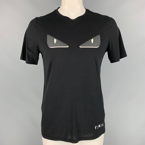 FENDI Size L Black Monster Applique Cotton Crew-Neck T-shirt