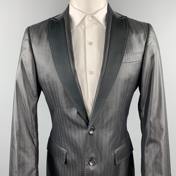 JUST CAVALLI Size 40 Black Stripe Polyester Blend Peak Lapel Sport Coat