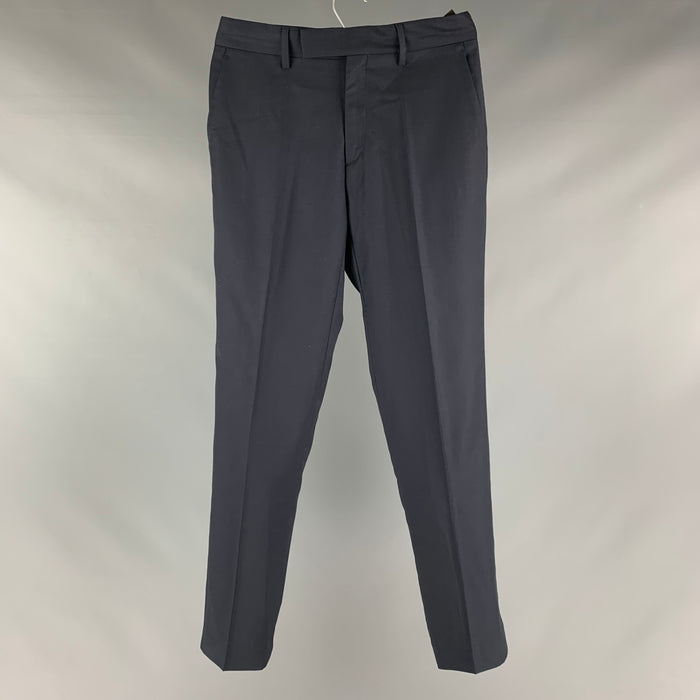 VIKTOR &amp; ROLF Talla 30 Pantalón de vestir de lana lisa azul marino con bragueta y cremallera