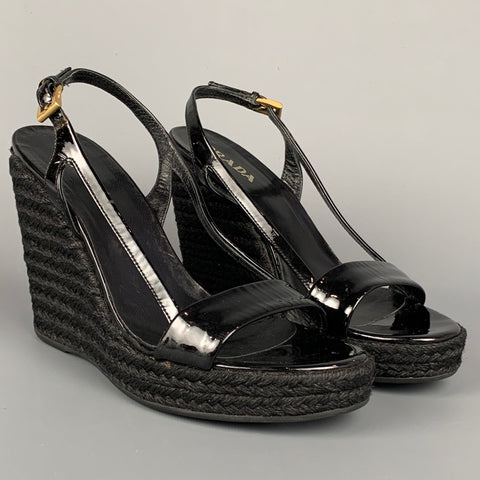 PRADA Talla 6 Sandalias de cuña de alpargata de charol negro