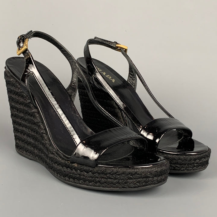 PRADA Size 6 Black Patent Leather Espadrille Wedge Sandals
