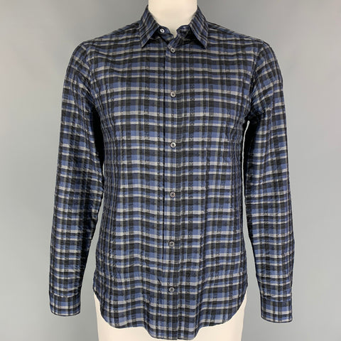 LOUIS VUITTON Size XL Blue Black Grey Plaid Silk Button Up Long Sleeve Shirt
