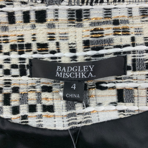 BADGLEY MISCHKA Size 4 White & Black Textured Boucle Polyester Blend Jacket