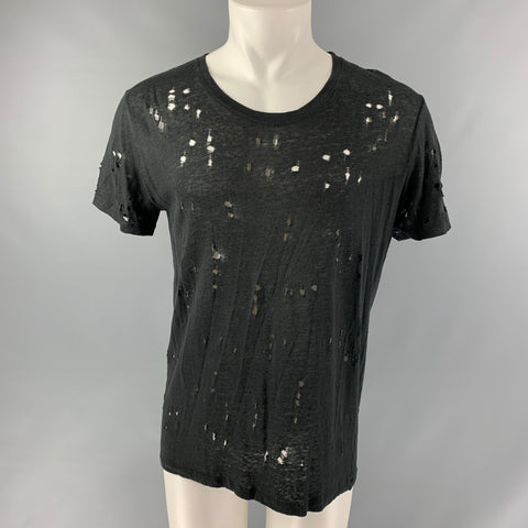 IRO Size M Black Distressed Linen Crew-Neck T-shirt