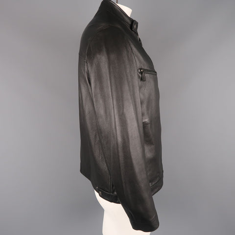 GUCCI 42 Black Textured Leather Zip Up Band Collar Motorcycle Jacket