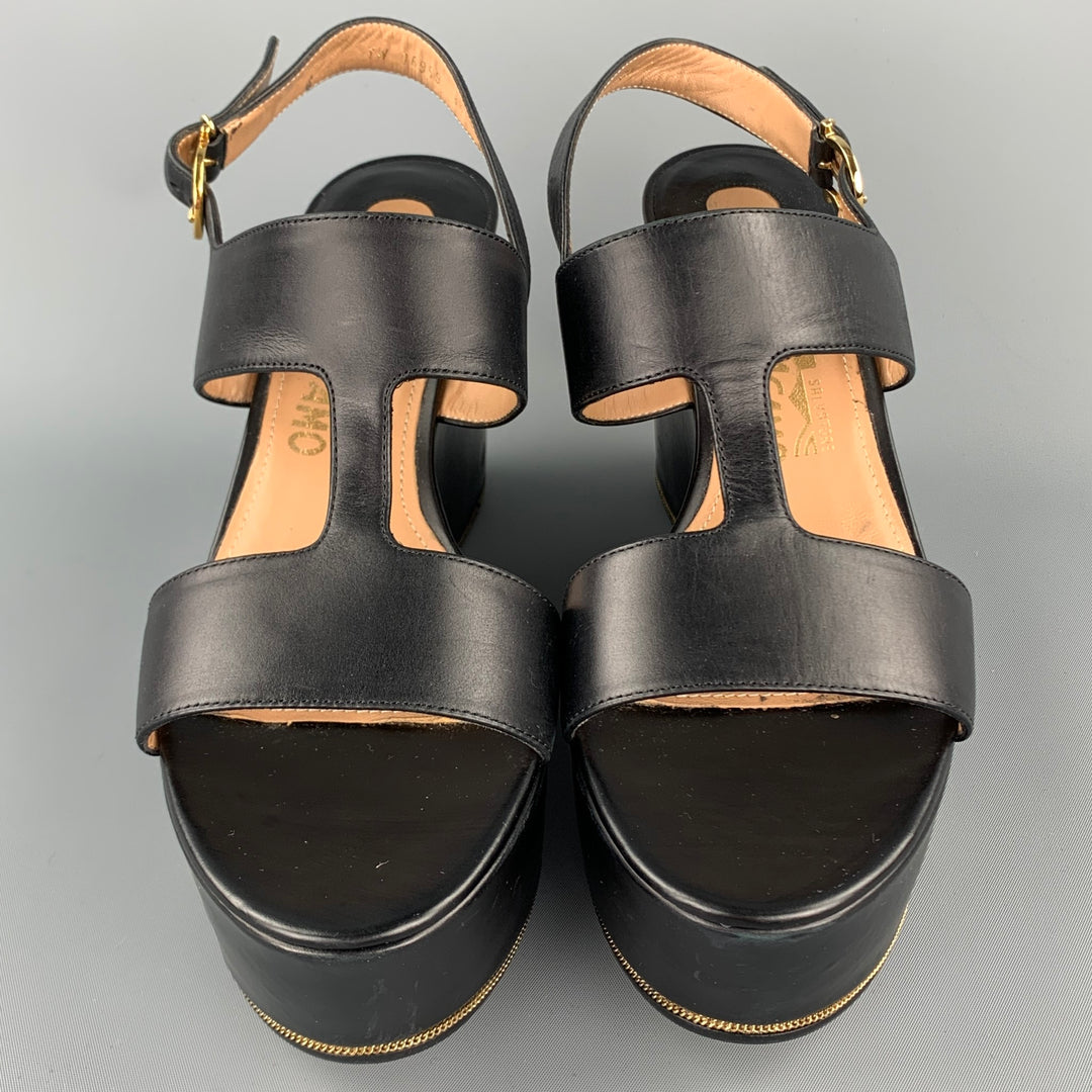 SALVATORE FERRAGAMO Fiamma Size 8.5 Black Leather Platform Sandals