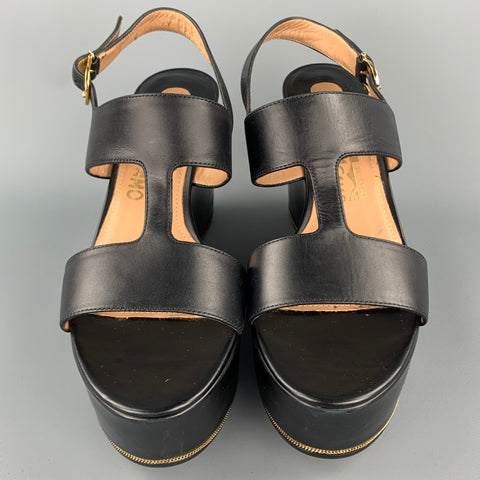 SALVATORE FERRAGAMO Fiamma Size 8.5 Black Leather Platform Sandals