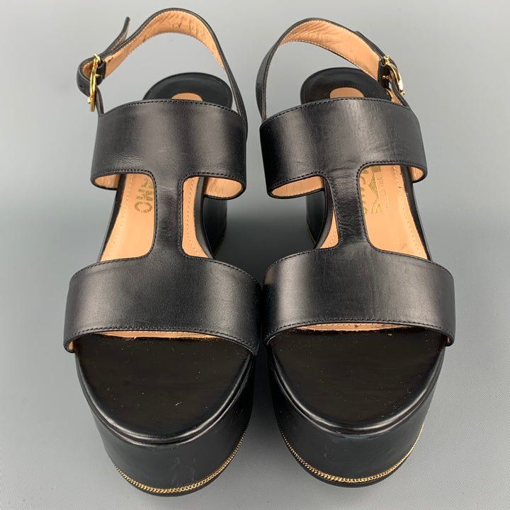 SALVATORE FERRAGAMO Fiamma Size 8.5 Black Leather Platform Sandals
