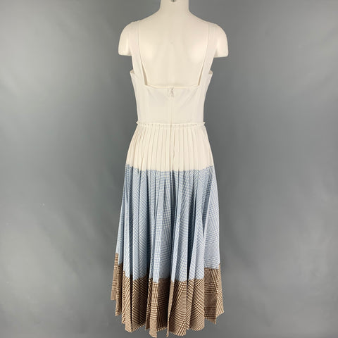 LELA ROSE 2019 Size 8 White Blue Brown Cotton Gingham Pleated Long Dress