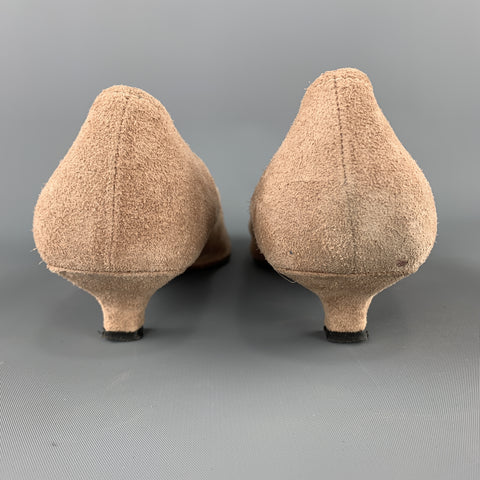 PRADA Talla 9.5 Zapatos de tacón de gatito con mocasín de ante beige