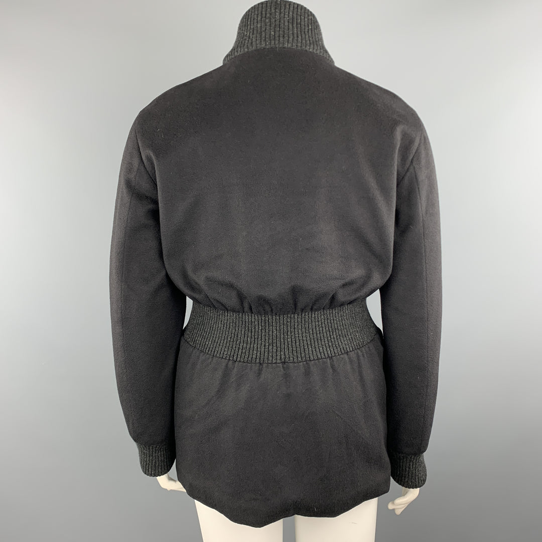 LORO PIANA Size 10 Charcoal Cashmere High Collar Ribbed Waist STORM SYSTEM Jacket
