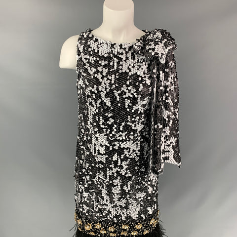 BADGLEY MISCHKA COUTURE Size M Black & White Sequined Bow Fringe Dress