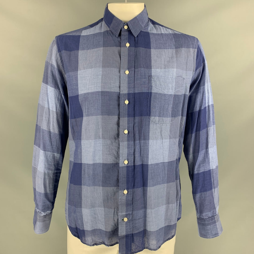 GITMAN BROS Size L Blue Checkered Cotton &  Linen Button Down Long Sleeve Shirt