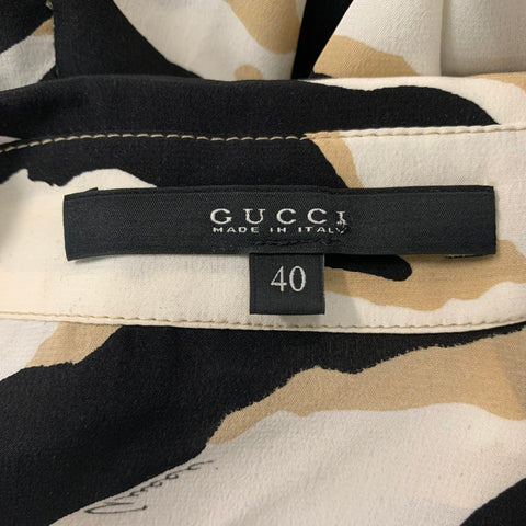 GUCCI Size 4 Beige Black & White Silk Print Hidden Placket Blouse