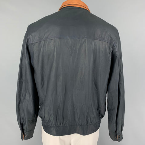 REMY Size 42 Navy Tan Leather Zip Up Jacket