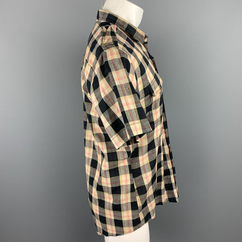 NICE COLLECTIVE Size M Beige Plaid Cotton Button Up Short Sleeve Shirt