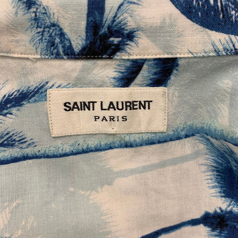 SAINT LAURENT Size M Blue White Palms Cotton Camp Short Sleeve Shirt