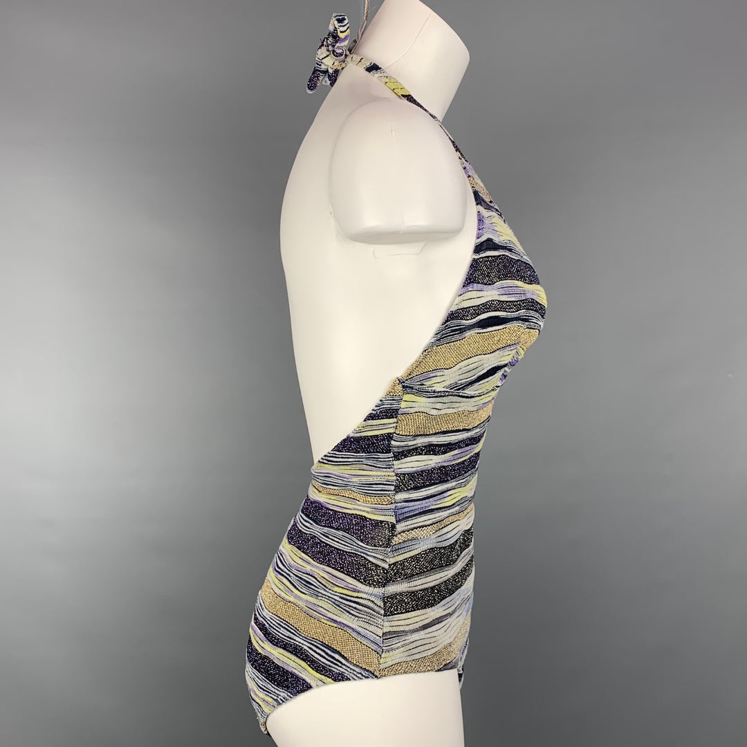 MISSONI Mare Size 6 Purple & Gold Knitted Stripe Cotton Blend One Piece Swimsuit
