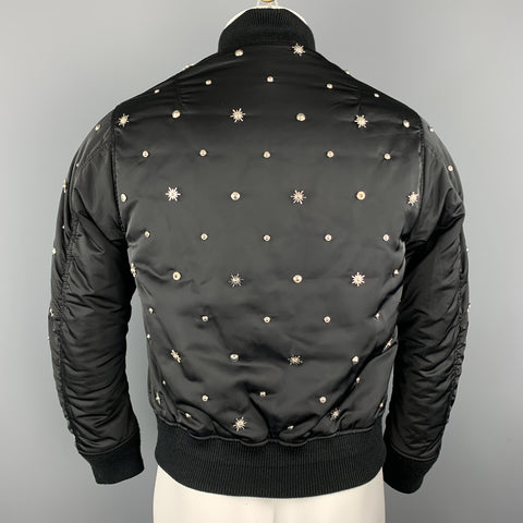 SANDRO Size XS Black Silver Tone Star Studded Nylon Bomber Flight Jacket
