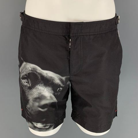ORLEBAR BROWN Taille 30 Maillot de bain en polyester noir et gris imprimé chien avec languettes latérales