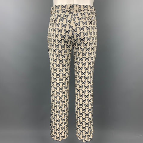 MR TURK Size 40 Beige & Navy Butterfly Print Cotton Blend Notch Lapel Suit
