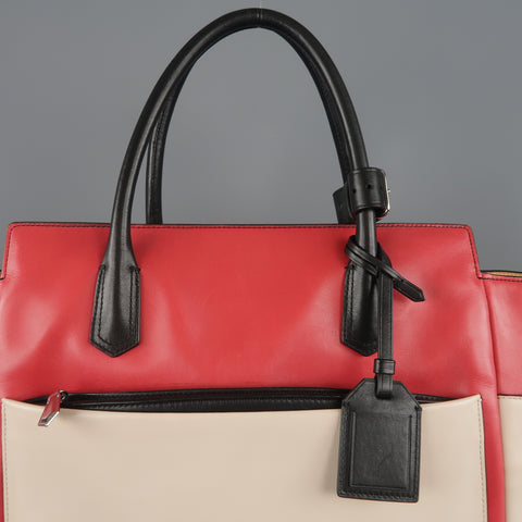 REED KRAKOFF Red Black & Light Pink Leather Tote Handbag
