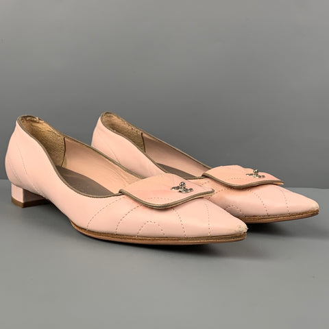 CHANEL Size 7 Pink Leather Quilted Pointed CC Flap Toe Flats