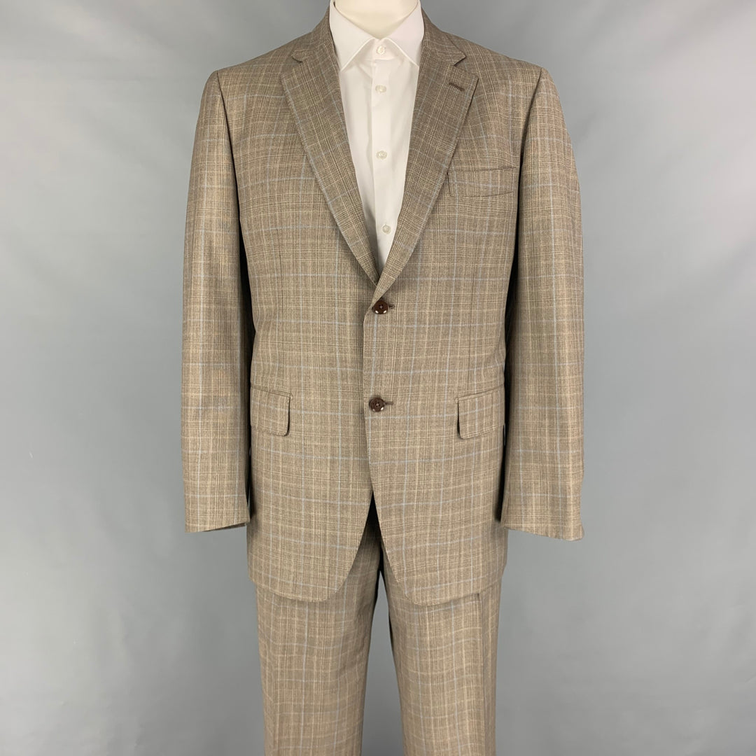 ISAIA Size 48 Long Taupe Plaid Wool Notch Lapel Suit
