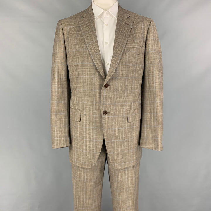 ISAIA Size 48 Long Taupe Plaid Wool Notch Lapel Suit