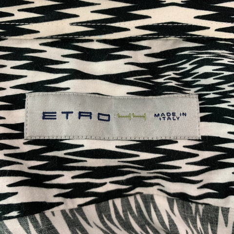 ETRO Size XL Black White Zig Zag Cotton Button Up Short Sleeve Shirt