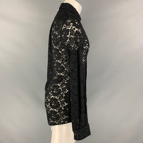 DOLCE & GABBANA Size S Black Lace Viscose Blend Hidden Placket Long Sleeve Shirt