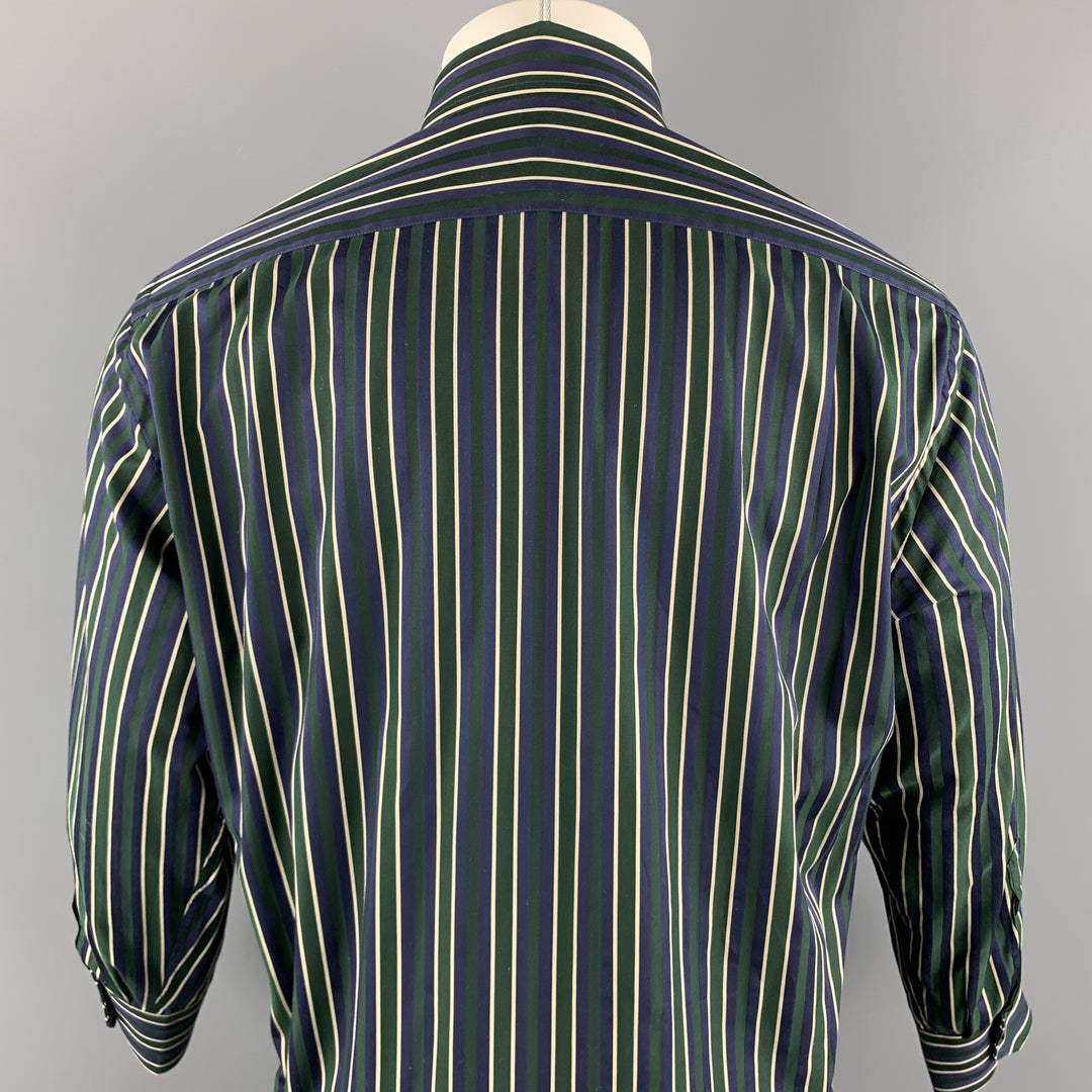 ETRO Size S Navy & Green Stripe Cotton Button Up Long Sleeve Shirt