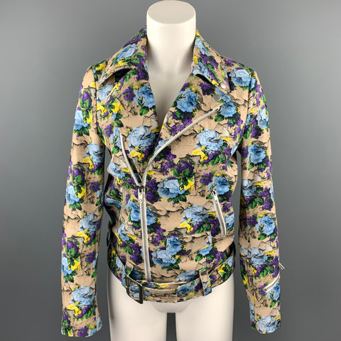 MSGM Size 4 Khaki & Purple Floral Cotton Biker Jacket