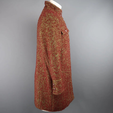CHANEL Spring 2014 Size 14 Burgundy & Green Textured Boucle High Collar Coat CHANEL