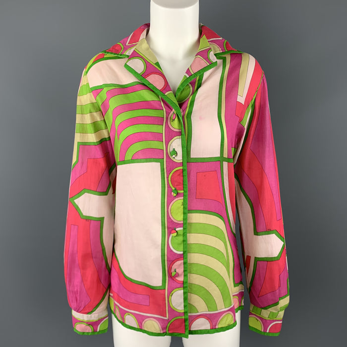 EMILIO PUCCI Vintage Size M Fuchsia & Green Print Cotton Spread Collar Blouse