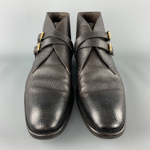 TOM FORD Size 10.5 Dark Brown Pebbled Grain Leather Double Strap Ankle Boots